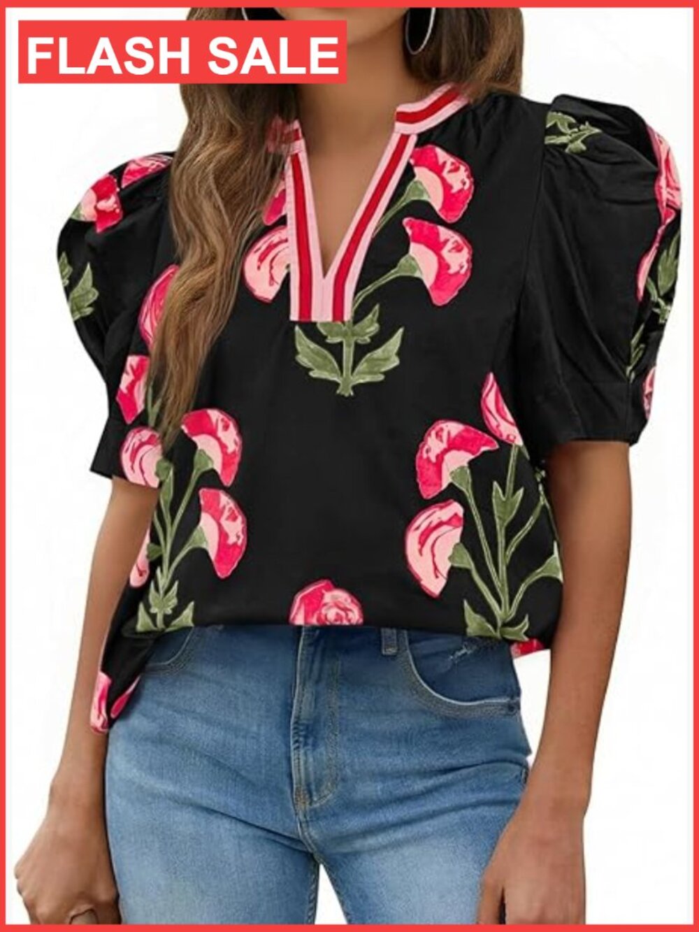 Women's Boho Puff Sleeve V-Neck Floral Print Blouse Casual Summer Top